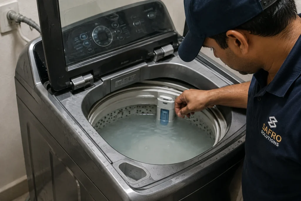 Safro Solutions technician inspecting a top-loading washing machine stuck with water while diagnosing a drainage problem during appliance repair.