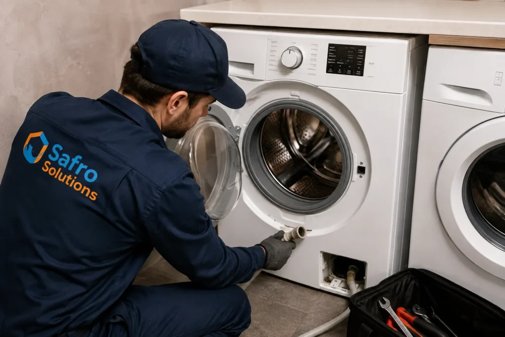 Technician inspecting a washing machine that is not filling with water
