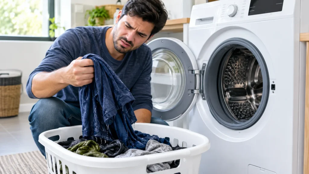 Person checking soaking wet clothes after a washing machine wash cycle