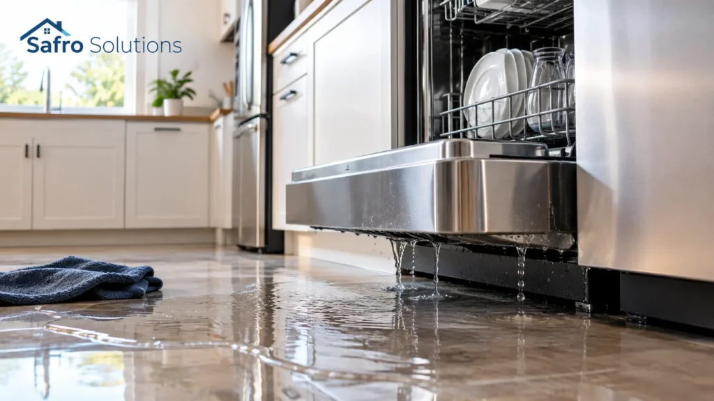 Leaking dishwasher flooding a kitchen floor with water