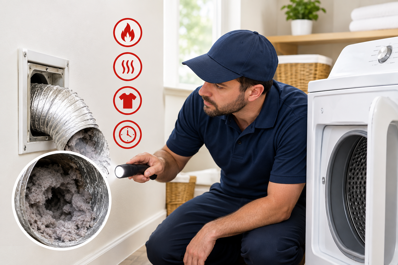 Technician inspecting a lint-clogged dryer vent duct in a Los Angeles home