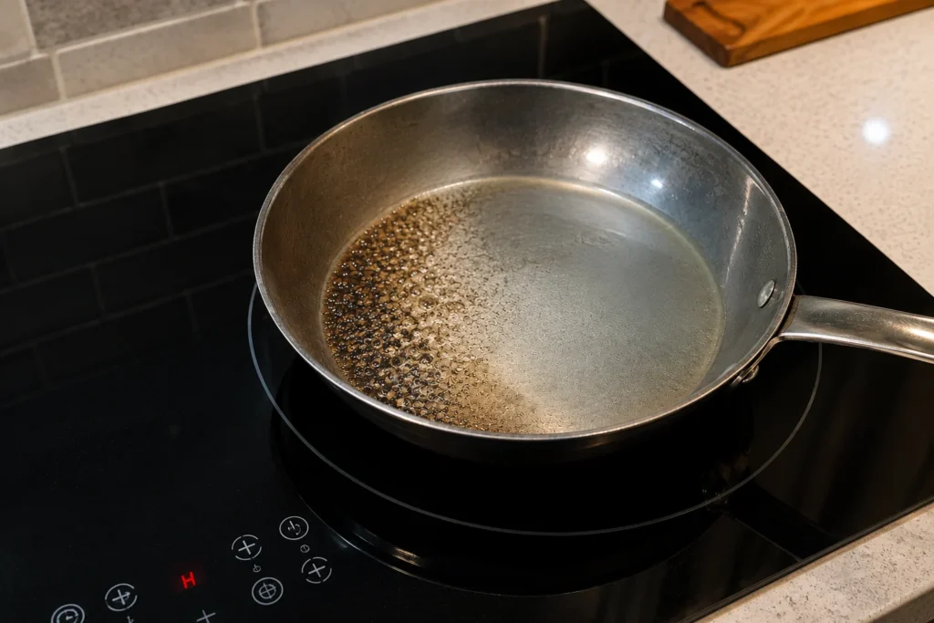 Stainless steel pan heating unevenly on a modern induction cooktop