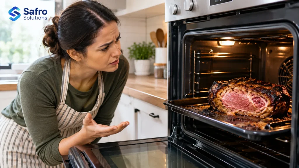 Safro Solutions oven repair scene showing food burned on top while remaining raw in the middle.