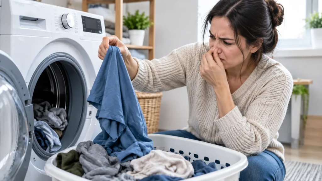 Safro Solutions washing machine with freshly washed clothes that have an unpleasant odor