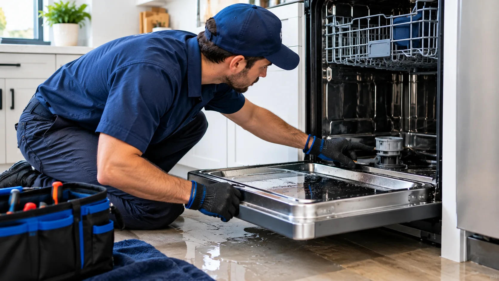 Safro Solutions technician inspecting an overflowing dishwasher and checking its float switch and inlet valve
