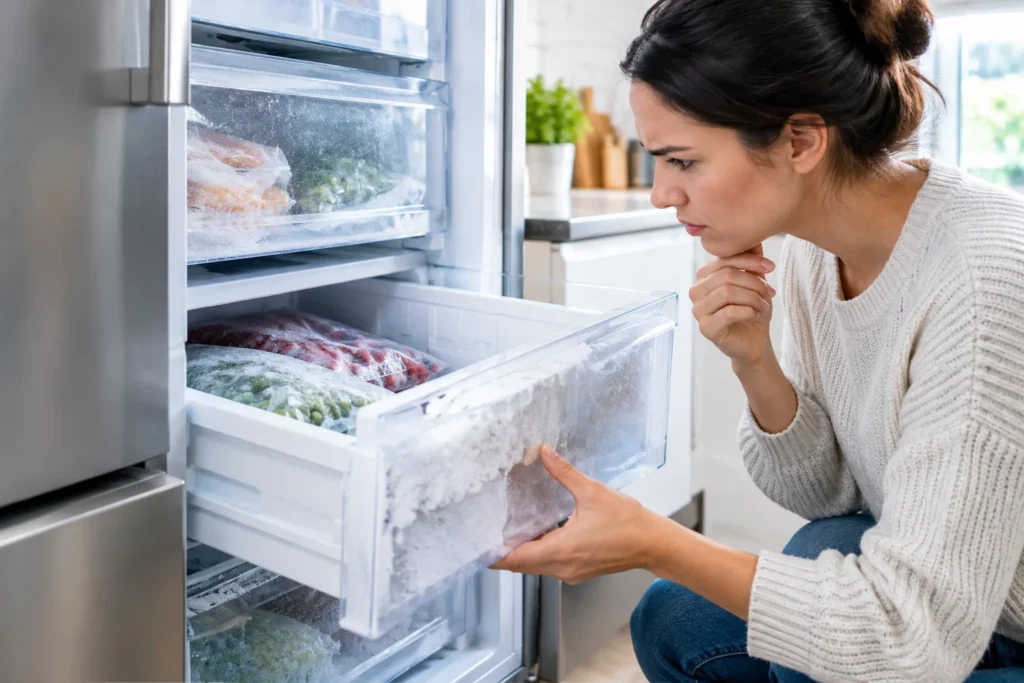 Safro Solutions freezer with heavy frost buildup and frozen food inside