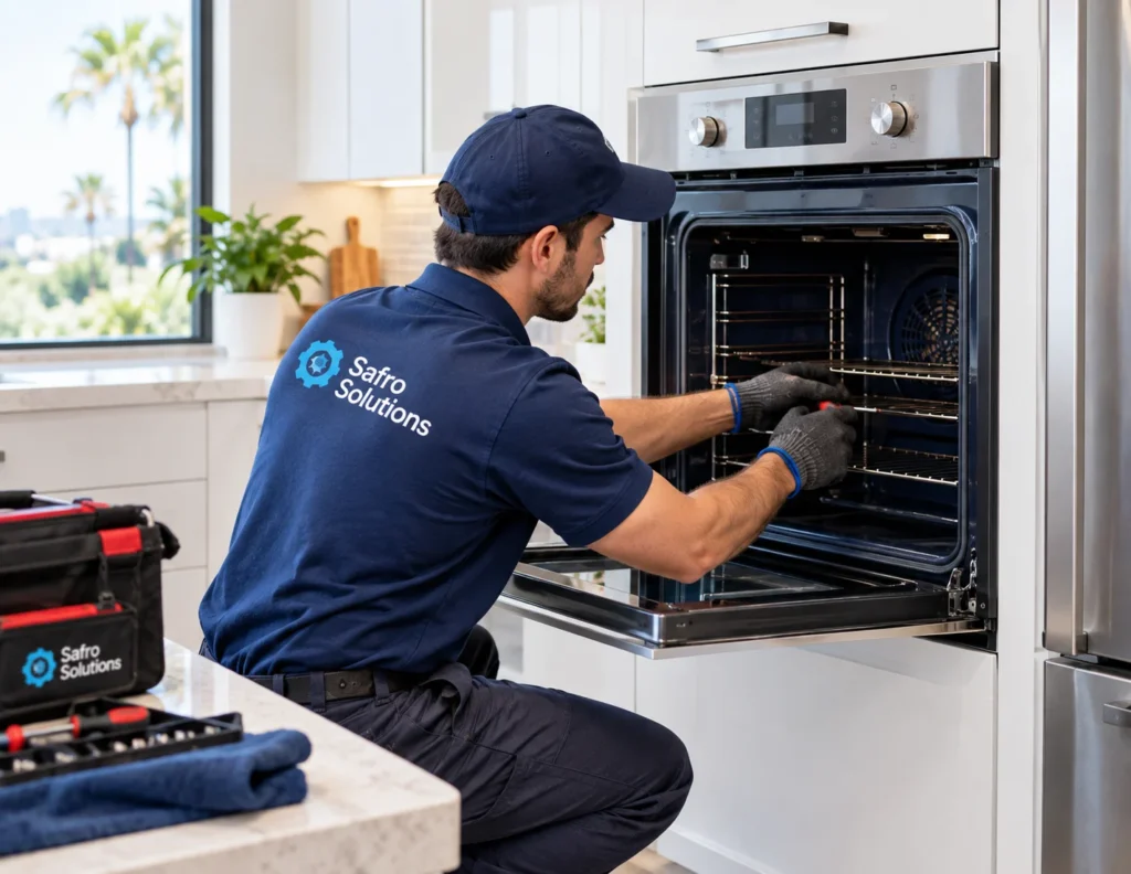 Safro Solutions technician repairing a built-in wall oven in a modern Los Angeles kitchen