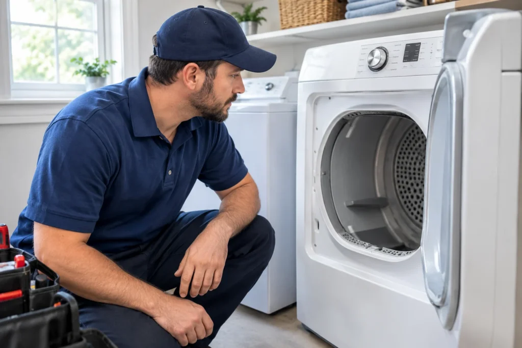 Safro Solutions appliance repair technician inspecting a dryer drum to diagnose loud noises during tumbling.