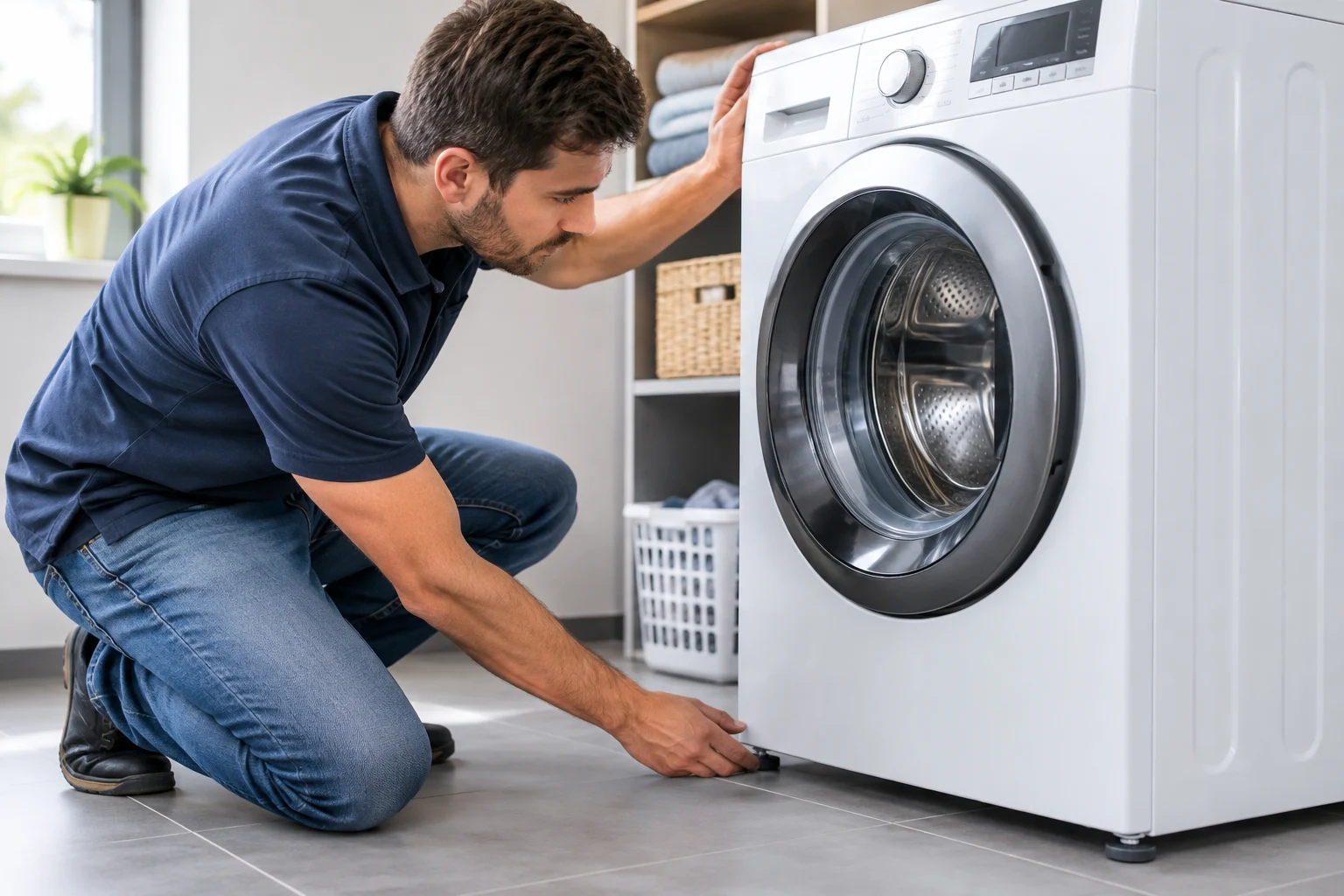 Man checking the leveling foot of a front-load washing machine to help stop shaking and noise