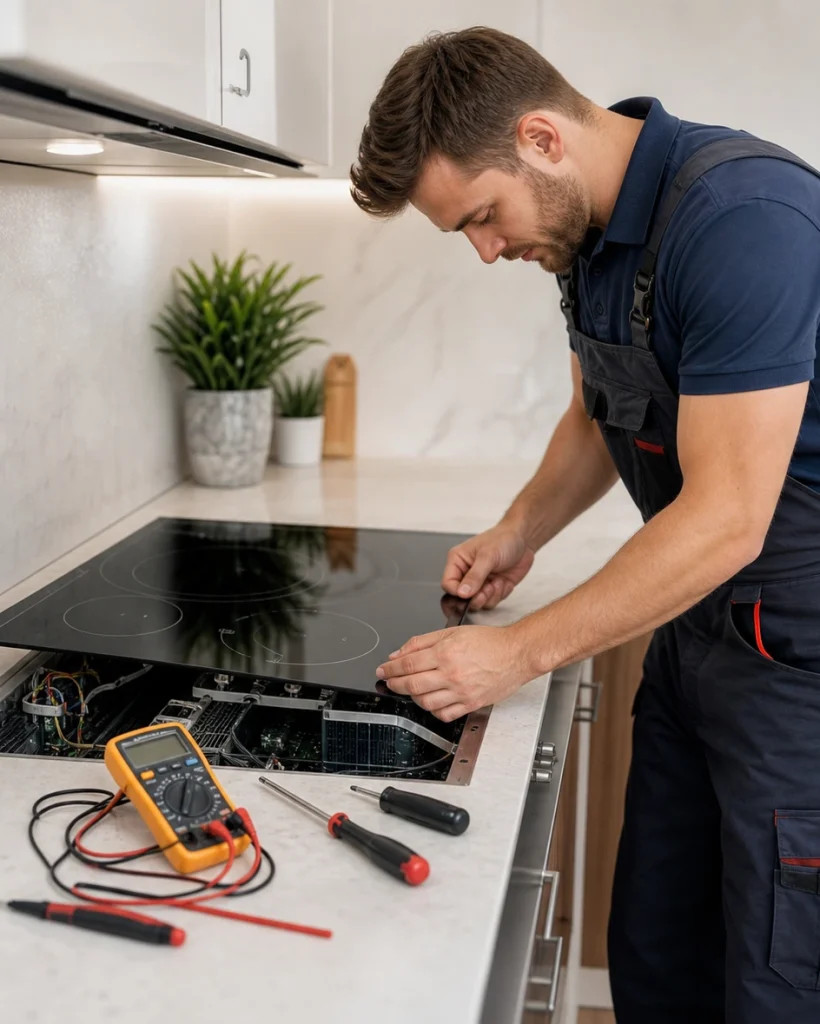 Los Angeles cooktop repair technician servicing a modern glass cooktop