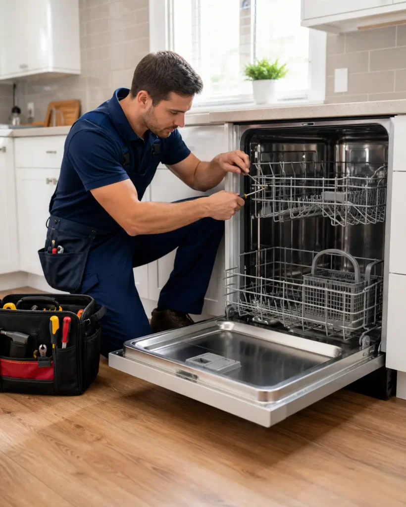 Los Angeles dishwasher repair technician servicing a modern kitchen dishwasher
