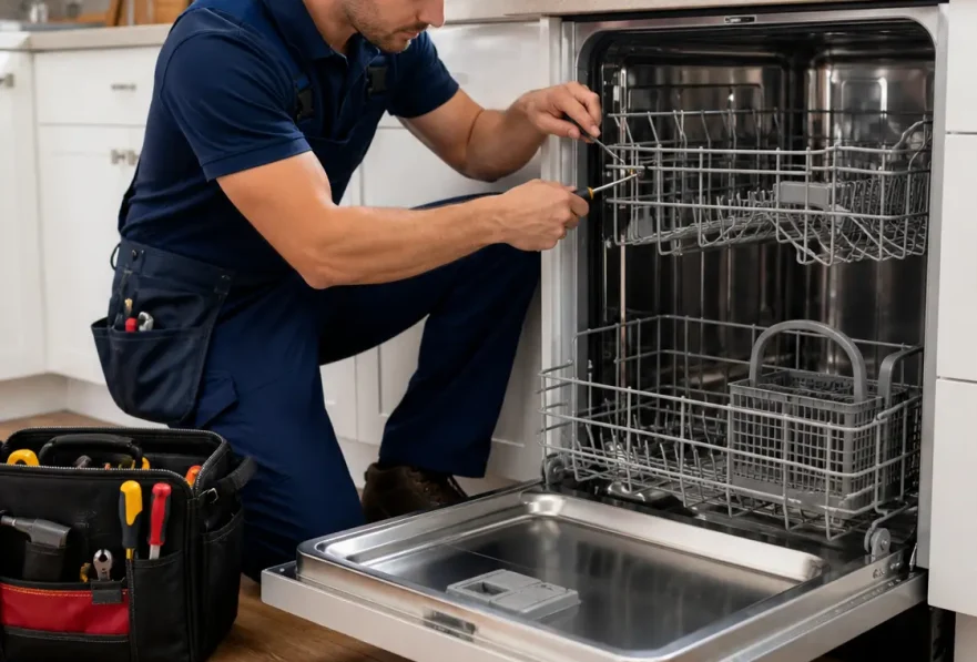 Los Angeles dishwasher repair technician servicing a modern kitchen dishwasher
