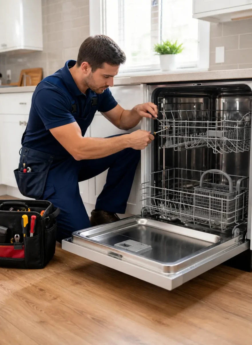 Los Angeles dishwasher repair technician servicing a modern kitchen dishwasher