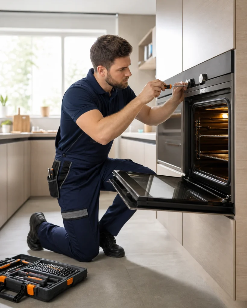 Los Angeles oven repair technician servicing a modern built-in kitchen oven