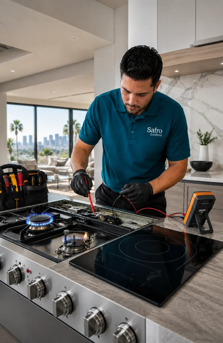 Safro Solutions technician testing and repairing a gas and induction cooktop in a Los Angeles home.