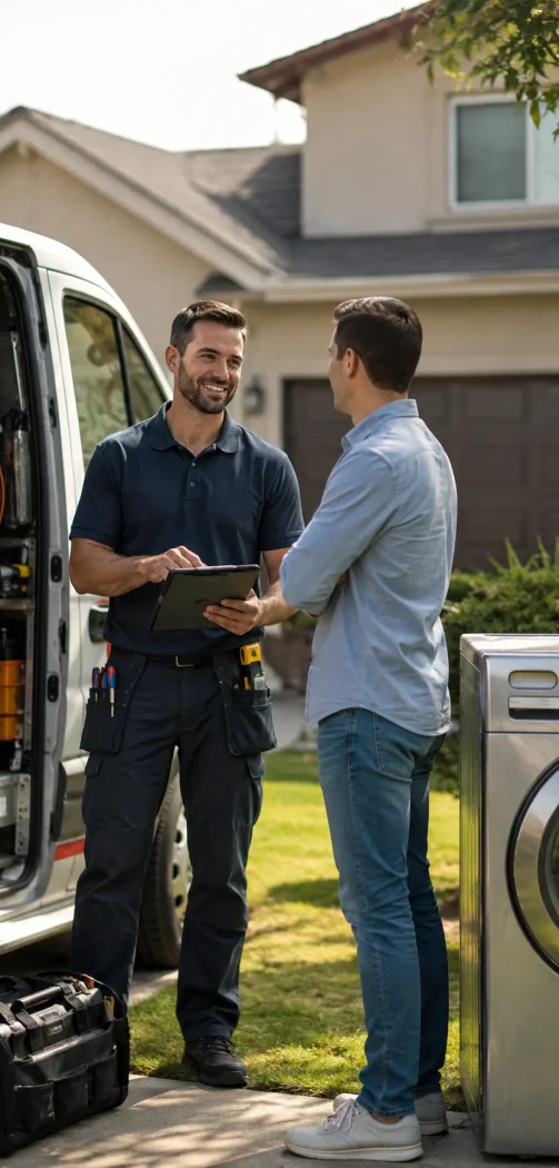 Safro Solutions appliance repair technician speaking with a North Hollywood homeowner beside a service van and washing machine.