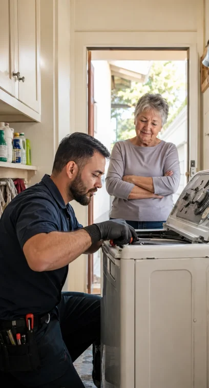 Safro Solutions technician repairing a washer in a Reseda home while a homeowner watches, highlighting trusted local appliance repair service.