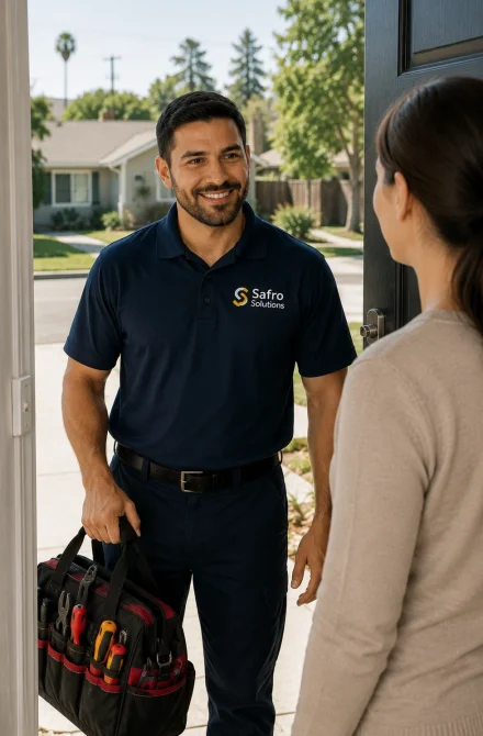 Safro Solutions appliance technician greeting a homeowner during a Sun Valley service visit